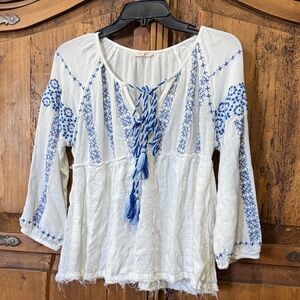 Mystree Embroidered White and Blue Women's boho Top